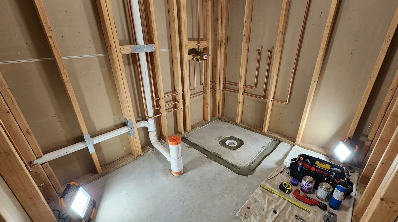 Bathroom rough-in plumbing during remodel by Johns Plumbing LLC in Hillsville