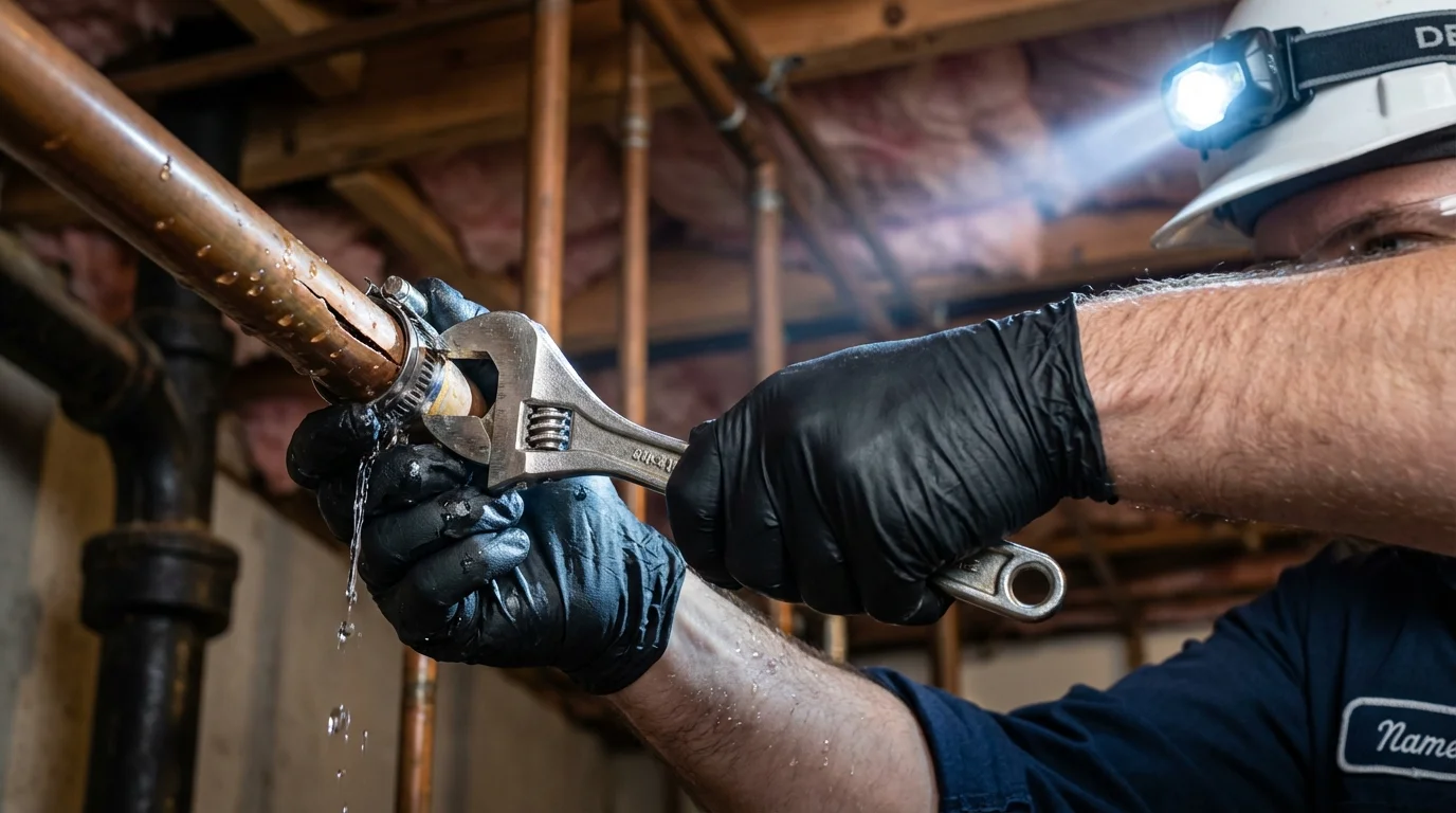 Emergency pipe clamp repair being performed by a Johns Plumbing LLC plumber in Hillsville