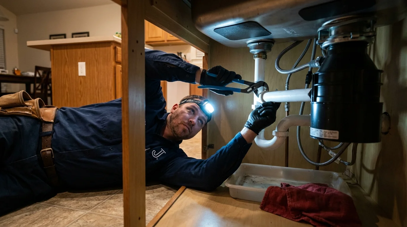 P-trap and supply line connections under a kitchen sink showing a common leak point in Hillsville, VA